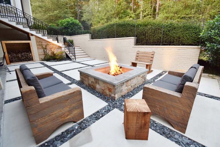Modern Concrete Paver Slate Chip Patio with Custom Fire Pit Modern Concrete Paver Slate Chip Patio with Custom Fire Pit